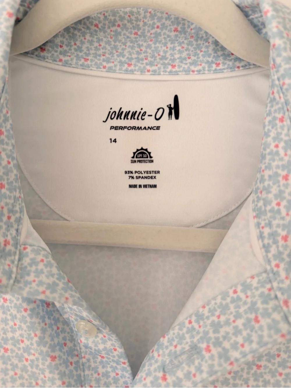 johnnie-O Light Blue Polo with Pink Micro Floral Print